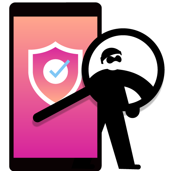 Illustration of a mobile phone with a badge featuring a checkmark on the screen indicating fraud protection; a figure with a white face dressed all in black with a beanie and sunglasses to indicate a bad actor stands to the right and front of the phone